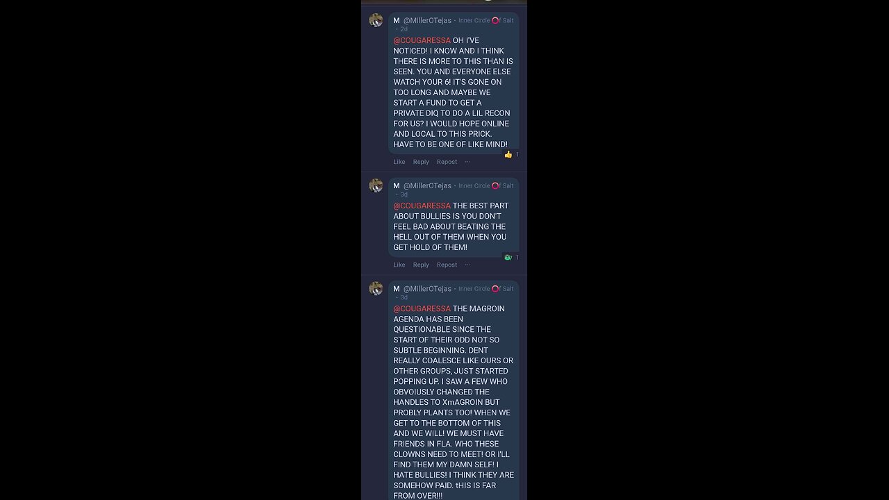 RECEIPTS OF TWEAK AND COUGARESSA, KERRIMAC MAKING THREATS OF VIOLENCE AND COLLUDING TO DO VIOLENCE!