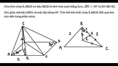 Toán 11: Cho hình chóp S.ABCD có đáy ABCD là hình thoi cạnh bằng 2cm, (ABC) ̂=30° và SA=SB=SC.
