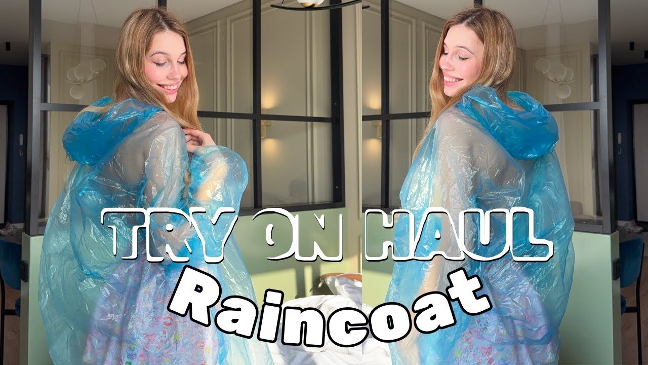 [4K] Raincoat Try-On | Blue Raincoat over a cute skirt outfit