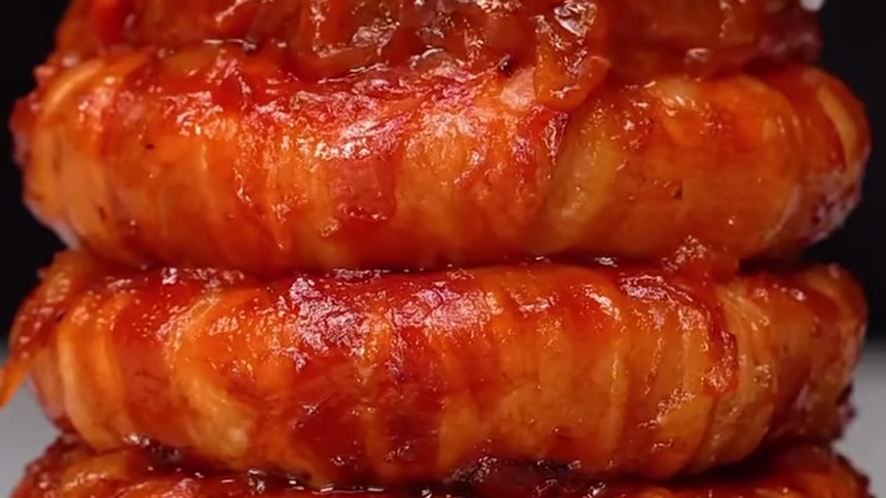 Onion ring wrapped with beacon in tomato paste and sour cream sauce