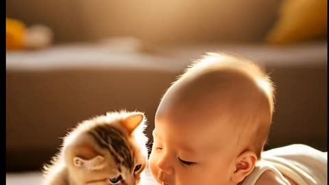 Cute baby playinh with a cat