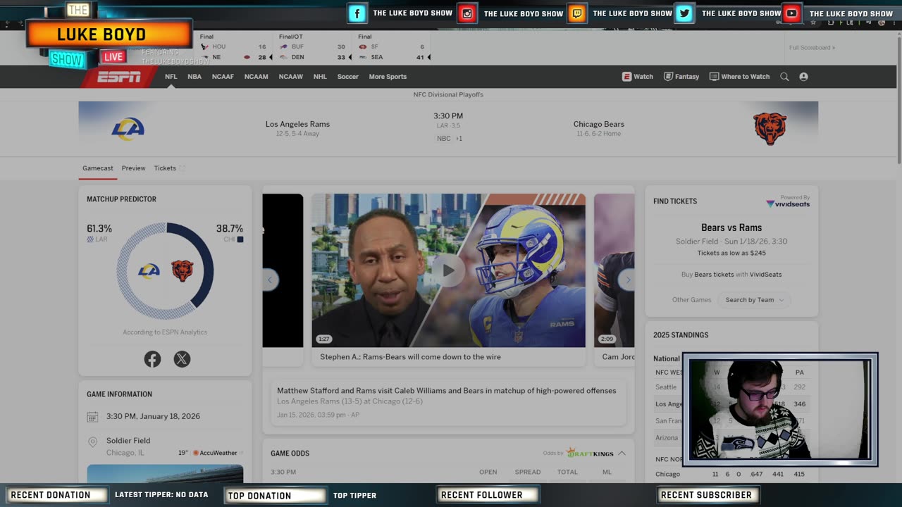 NFL Sunday Playoff Live Coverage: Texans vs Patriots and Rams vs Bears and More