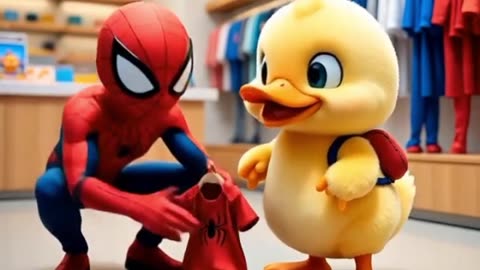 Little duck brings spider man clothes and toys for friend