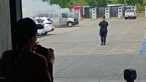 Massive van on fire on the highway. crazy fire