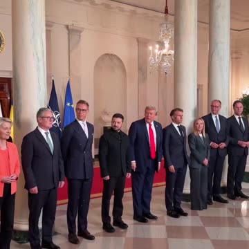 US President Donald J. Trump shows European leaders his Butler painting "Fight, Fight, Fight