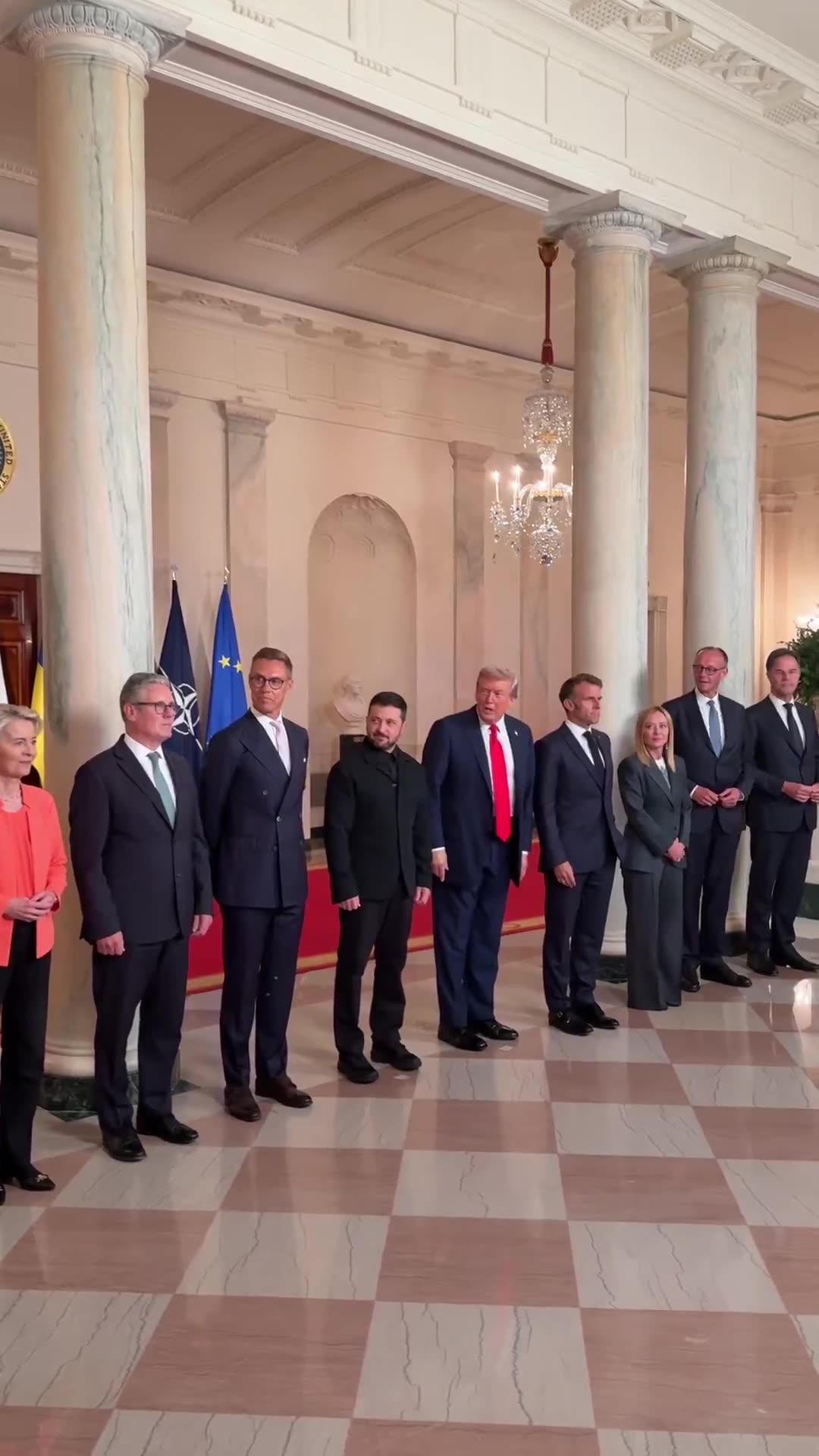 US President Donald J. Trump shows European leaders his Butler painting "Fight, Fight, Fight