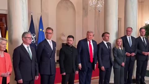 US President Donald J. Trump shows European leaders his Butler painting "Fight, Fight, Fight