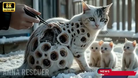 white cat coverd in honeycomb like holes being resue