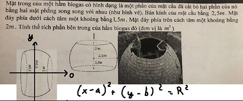 Toán 12: Mặt trong của một hầm biogas có hình dạng là một phần của mặt cầu đã cắt bỏ