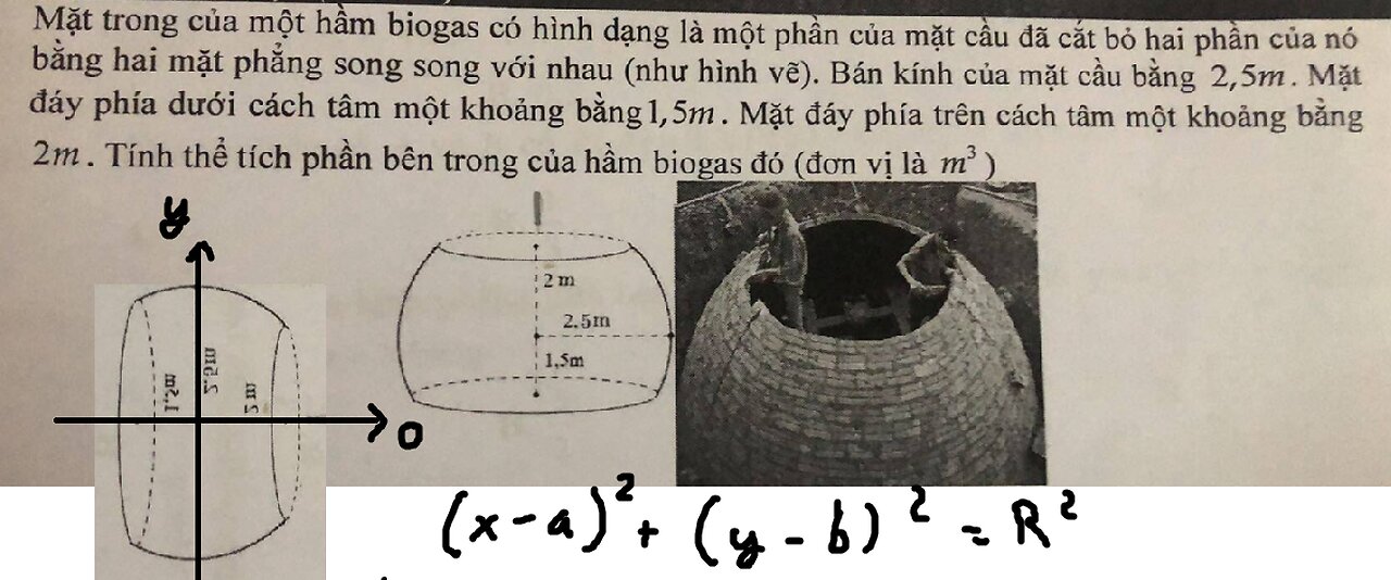 Toán 12: Mặt trong của một hầm biogas có hình dạng là một phần của mặt cầu đã cắt bỏ