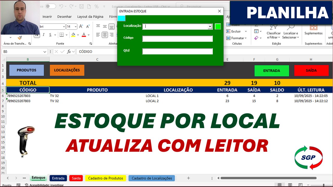 Controle de Estoque por Localização no Excel com Atualização Automática com Leitor