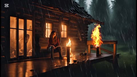 Rain Sounds | Cozy Cabin Fireplace with Heavy Rain for Sleep, Study & Relaxation