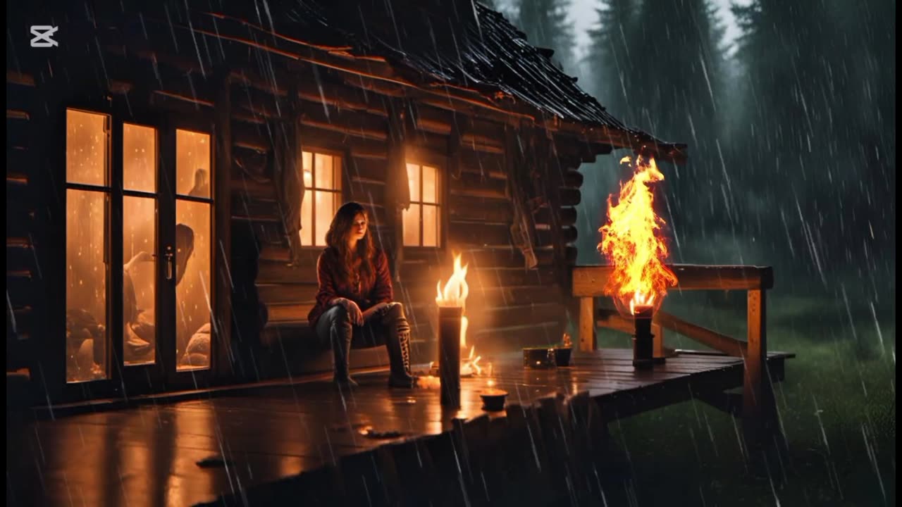 Rain Sounds | Cozy Cabin Fireplace with Heavy Rain for Sleep, Study & Relaxation