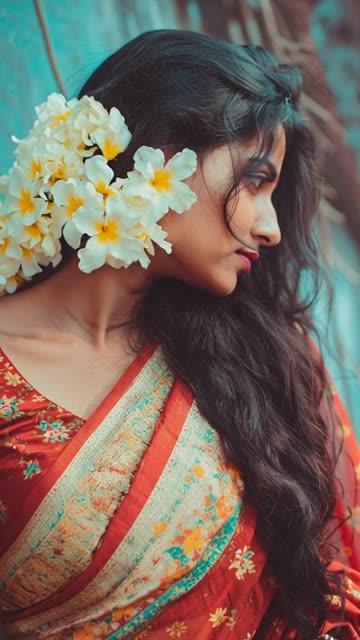 Indian lady in saree with open hairs and Mogra in her hairs