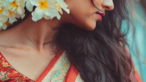 Indian lady in saree with open hairs and Mogra in her hairs