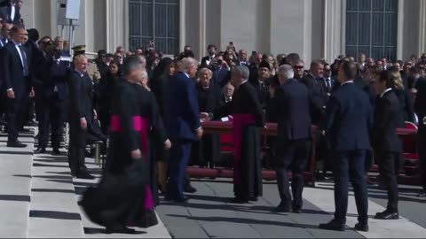 President Donald Trump and First Lady Melania Trump have arrived for the funeral of Pope Francis in St. Peter's Square.