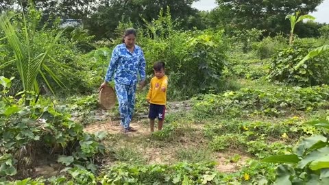 Sreyhak find ripe winter melon to mommy to make winter melon cake - Family food cooking