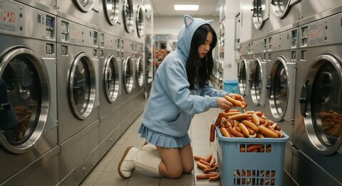 East Asian girl with Sea blue cat ear hoodie Putting alot of Hot dogs in a Laundry machines