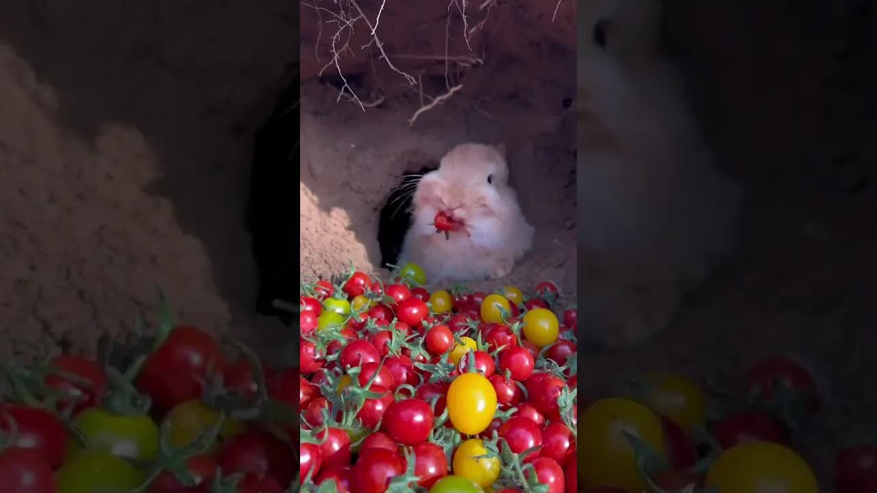 The little rabbit eats tomatoes and his mouth is full of rabbits. Cute little cute little rabbit in
