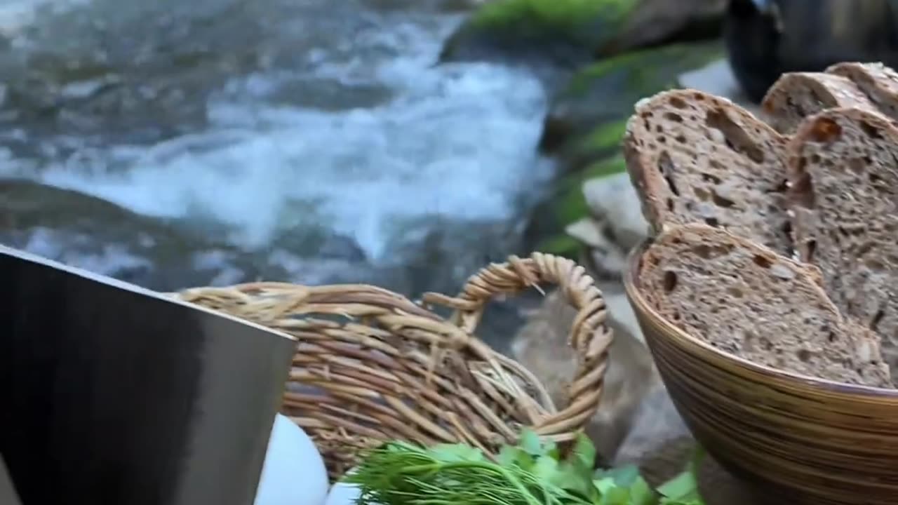 Butter Mushrooms with Mashed potatoes mixed to make a cheezious Pizza by River in Nature Beauty