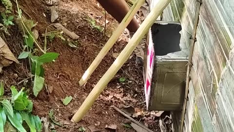 Solo camping HAevy Rain building simple bamboo house at wild forest