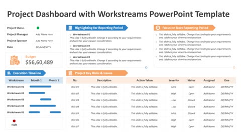 Project Dashboard with Workstreams PowerPoint Template