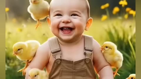 A baby enjoy with little chicken & puppy
