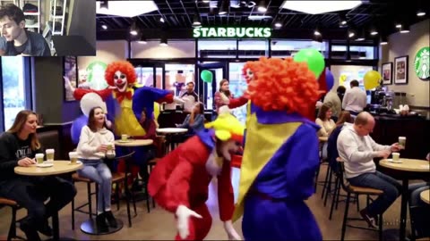 Outtake #3,022 Of The Clowns Roaming Around A Starbucks Store At A Fake Funny Parody Video