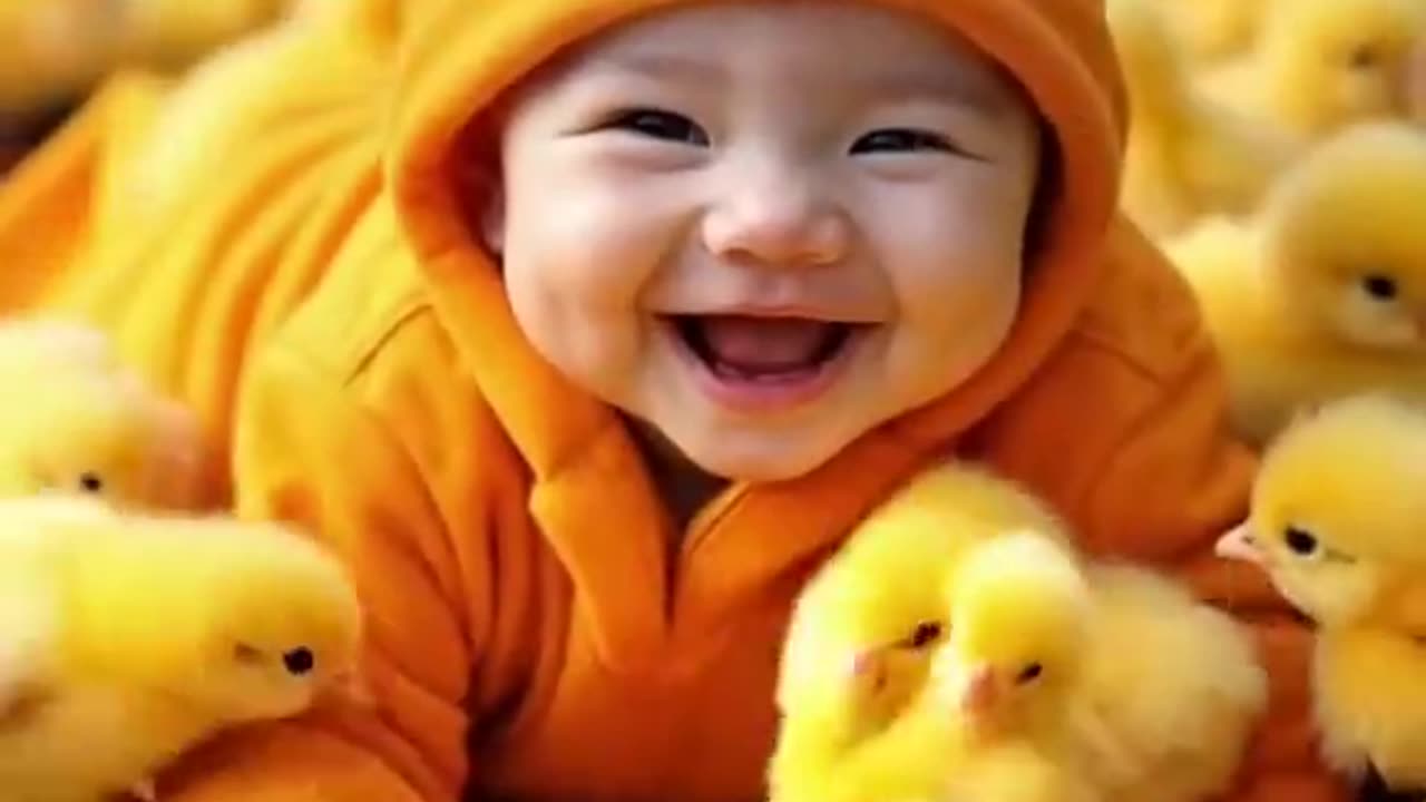 Cute baby with chicken baby