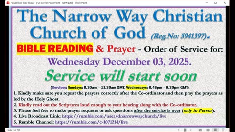 The Narrow Way Christian Church of God - BIBLE-READING and Prayer Service - Wednesday 03/12/2025