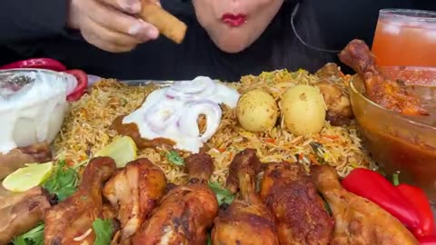 ASMR EATING SPICY HYDERABADI CHICKEN BIRYANI,CHICKEN LEG PIECE,GRILLED CHICKEN,CHICKEN CURRY,RAITA