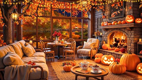 Cozy Autumn Fireplace Ambience 🍁 Soothing Jazz Music Ambience For Relax, Sleep, Work