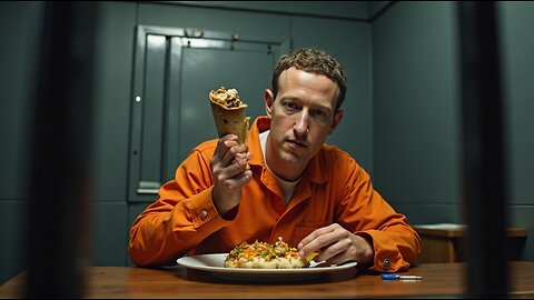 Mark Zuckerberg Ceo in Jail cell with orange jail suit eating Nasty food Ai video