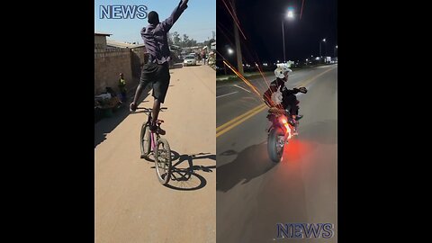 One is doing crazy stunts standing on a bicycle, and the other while riding a motorcycle. News News