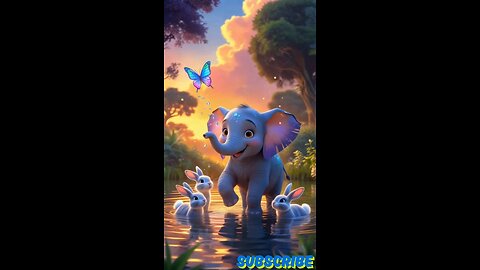 Baby Elephant joyfully playing in water with bunnies under a magical sunset and a glowing butterfly