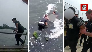 Video shows moment cops jump into East Rockaway Inlet to arrest car thief