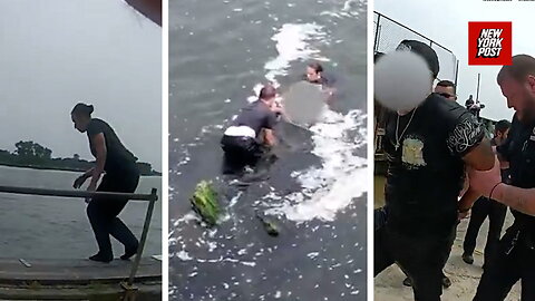 Video shows moment cops jump into East Rockaway Inlet to arrest car thief