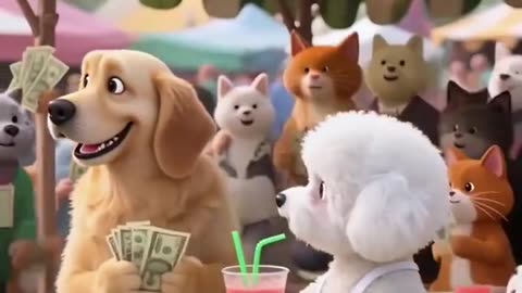A puppy is selling cocktails at the market.