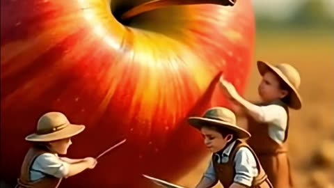 Tiny Farmers Harvesting a Real Apple