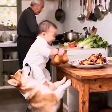 Dog helping kid steal food!