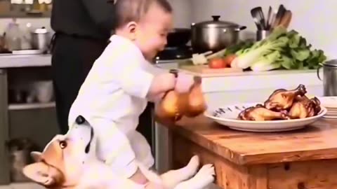Dog helping kid steal food!