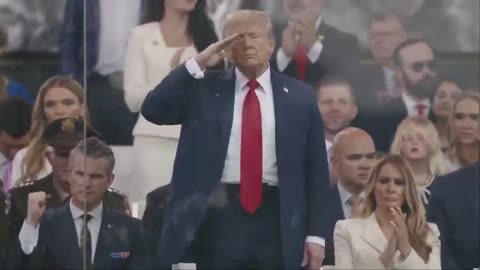 President Trump salutes as soldiers from the 75th Ranger Regiment and Special Forces march in the U.S. Army Grand Military Parade.
