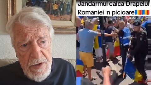 Eugen Mihaescu si jandarmul care calca in picioare un Tricolor in Piata Victoriei