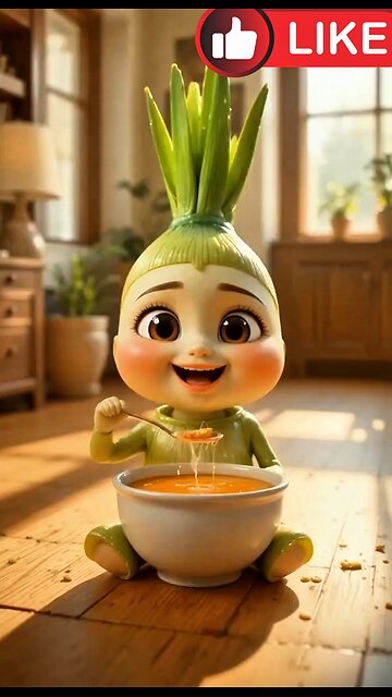 The onion character is eating soup in the winter. You should eat it too. AI generate funny video