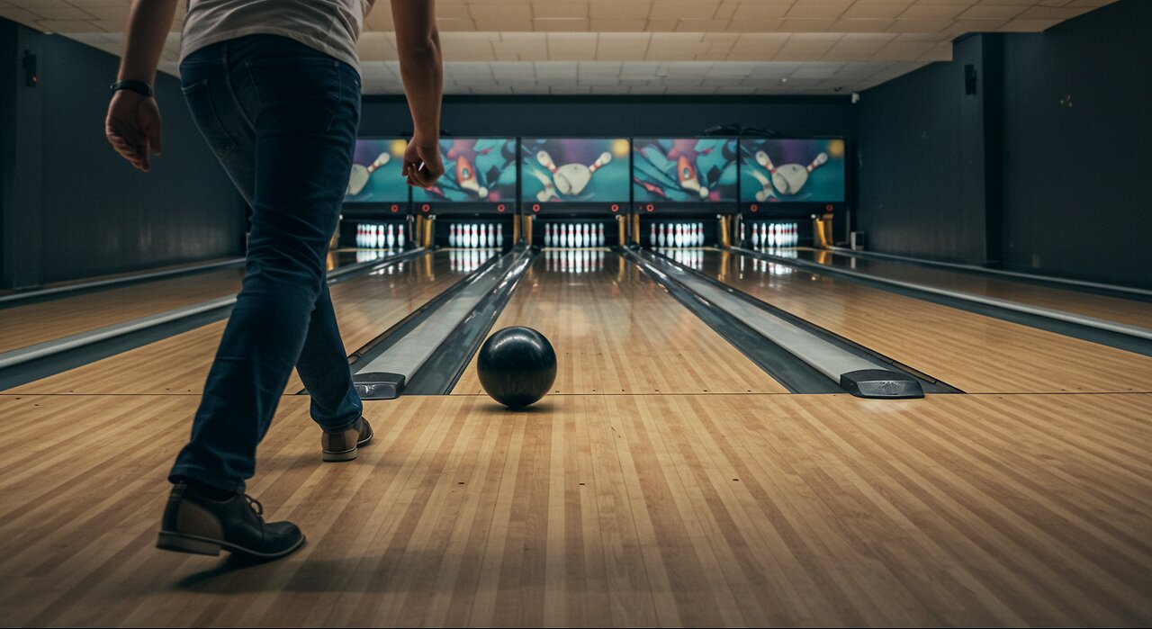 A Man throw a Bowling Ball And Nock Down The Bowling Pin