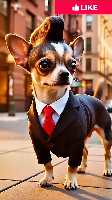 A handsome dog is walking down the street, showing off his boyish haircut to his friends. AI video