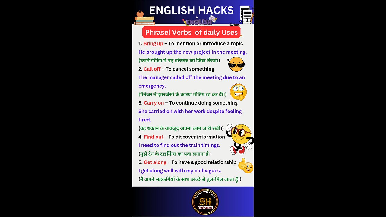 Phrasal verbs of daily uses with sentence and hindi meaning #studyhacks123 #english #verb #shorts