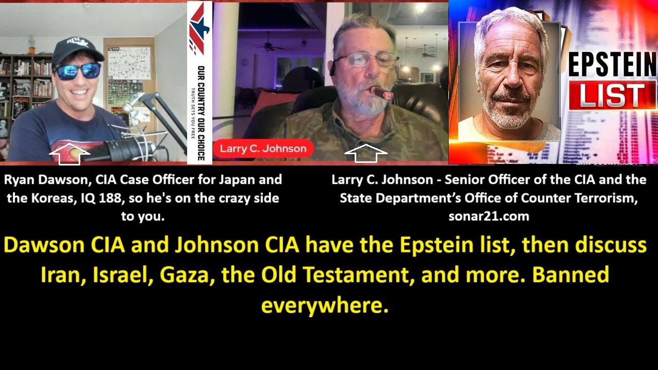 Dawson CIA w/Johnson CIA have the Epstein list, then discuss Iran, Israel, Gaza, the Old Testament, and more. Banned everywhere.
