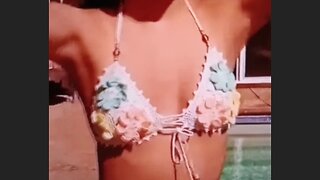 Patterned swimsuit try on