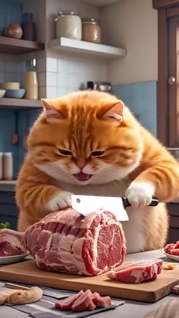 🐱🍖 Big Chubby Cat Guards a Giant Feast | Funny Cat Moment 🤣🍽️